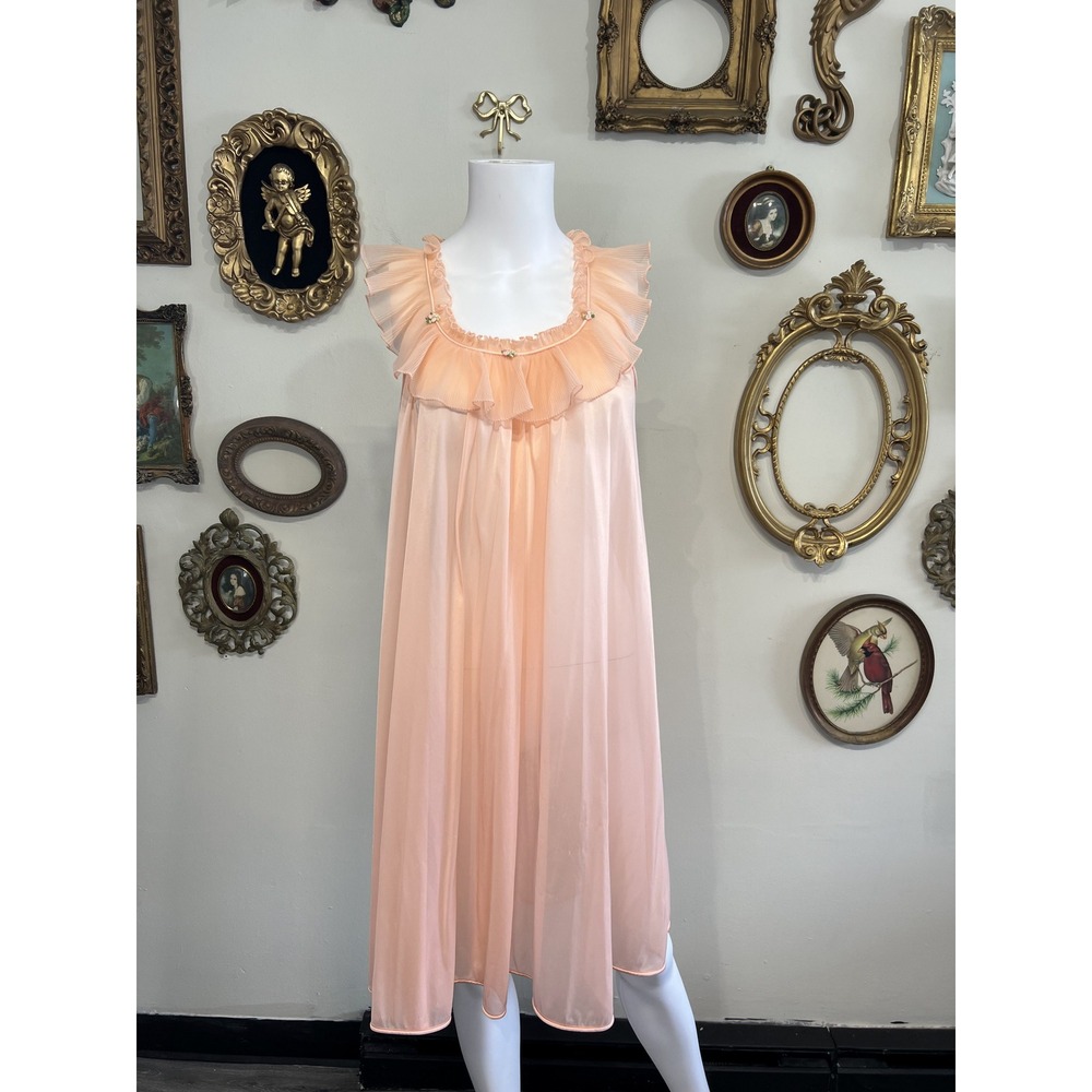 Vanity Fair Vintage 70s Peach Pleated Ruffle Chiffon Nightgown Loungewear Medium